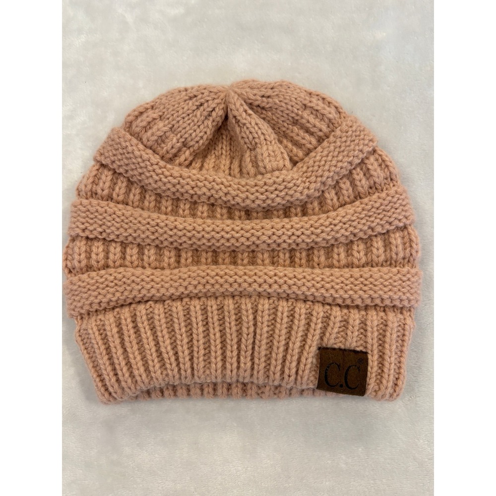 C.C Beanie Womens Pink Ribbed Knit Slouchy Winter Hat Logo Patch Beanie